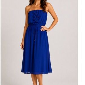 Corey P Womens Blue Strapless Maxi Dress Large Ruffle Front‎ Tie Waist Textured